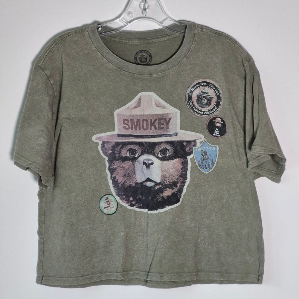 Smokey Bear Short Sleeve Crop Top T-shirt Women's Olive Green Size M A0097